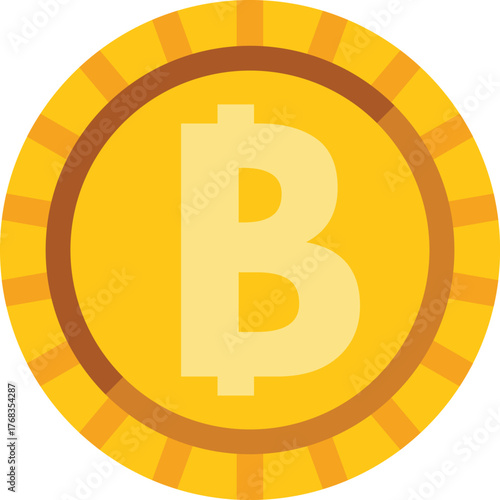 Round golden bitcoin cryptocurrency coin with ridges around the outside showing the letter b