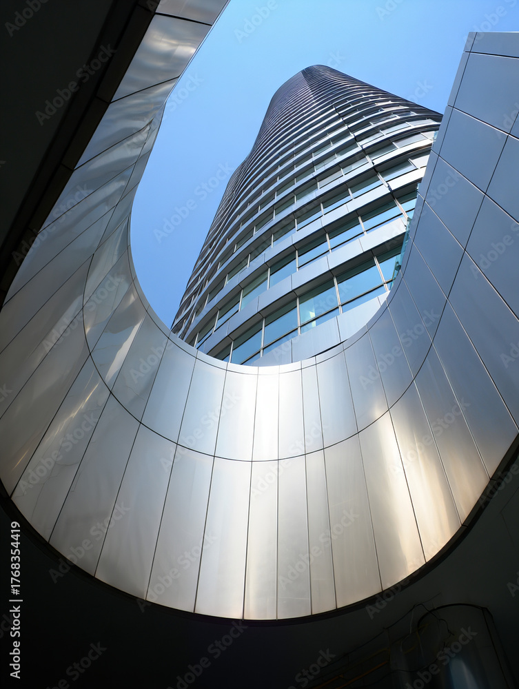 Obraz premium Futuristic skyscraper viewed through curved metallic opening