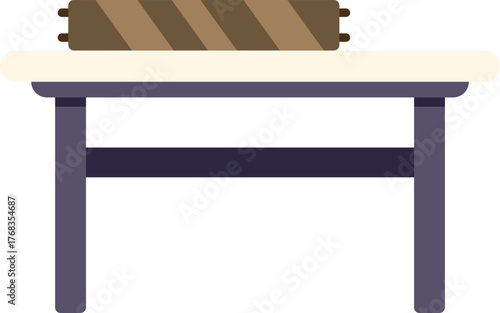 Wooden electric extension cord is lying on a table with legs and a crossbar, isolated on a white background