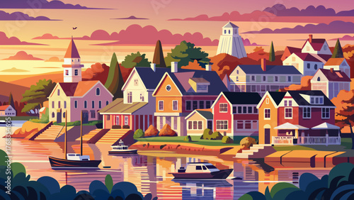 Very beautiful, panoramic view of historic homes by the Mystic River in Mystic, Stonington, Connecticut, USA, during a vibrant sunrise, showcasing charming architecture, colorful sky, and serene river