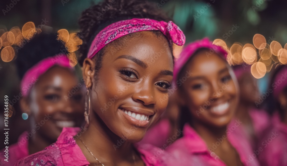 Fototapeta premium Group of smiling women wearing pink headbands and dresses at celebration event
