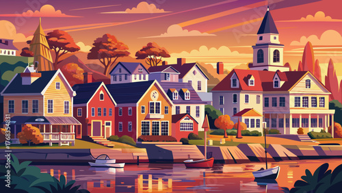 Very beautiful, panoramic view of historic homes by the Mystic River in Mystic, Stonington, Connecticut, USA, during a vibrant sunrise, showcasing charming architecture, colorful sky, and serene river