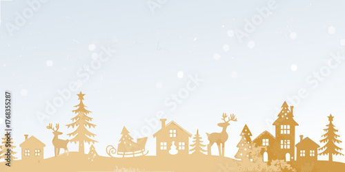 Whimsical golden silhouette village with reindeer and sleigh under falling snowflakes