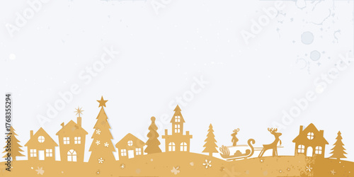 Whimsical golden christmas village silhouette with reindeer sleigh and snowy background