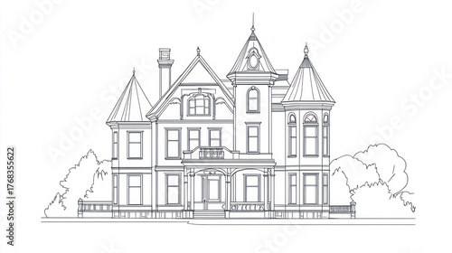 Wallpaper Mural Line drawing of a grand Victorian style house with trees, for architecture use Torontodigital.ca