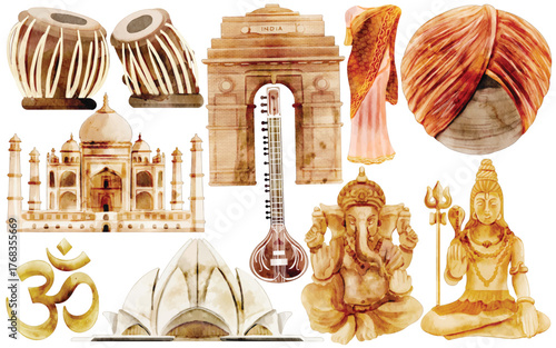 Watercolor India Clip Art Set Culture Landmark Taj Mahal India Gate Lotus Temple Ganesha Shiva Om Tabla Sitar Turban Sari Illustration Travel Asia Hindu Symbol