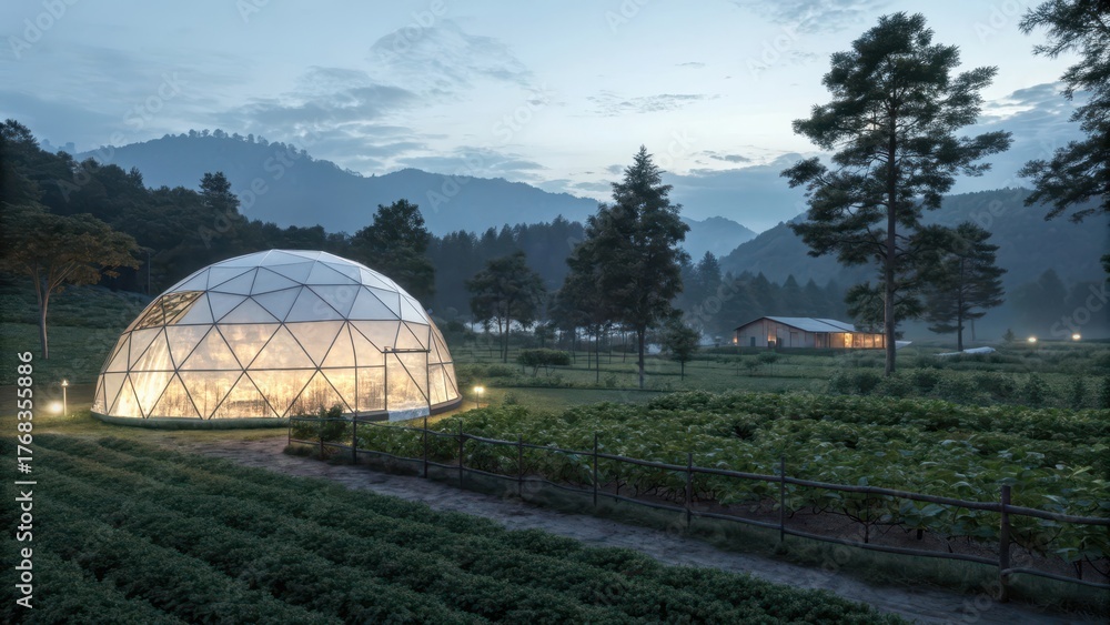 Obraz premium Dome greenhouse glowing softly at night in a rural setting