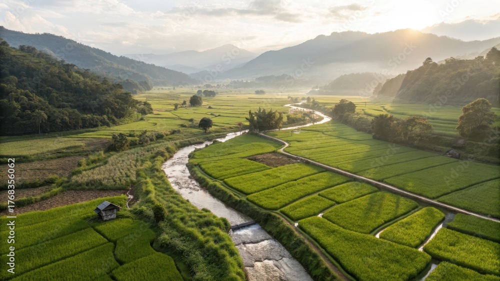 Fototapeta premium Drone view of rice terrace fields in a valley morning light
