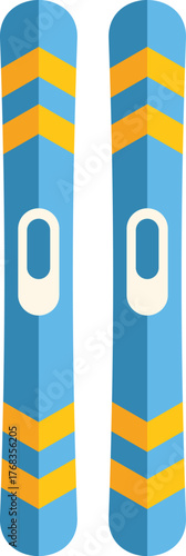 Simple flat illustration of a pair of blue and yellow mountain skis, isolated on a white background