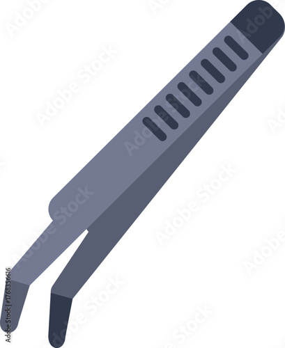 Pair of metal tweezers is shown with its two prongs closed, ready for use