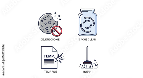 Minimalist vector icons for digital data management, illustrating cookie deletion, cache clearing, and temporary file removal for computer system and browser cleaning