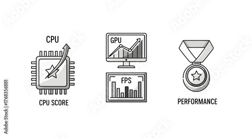 Minimal vector icon collection for computer performance evaluation, showing processor capabilities, graphics card output, and frames per second tracking for system optimization and gaming