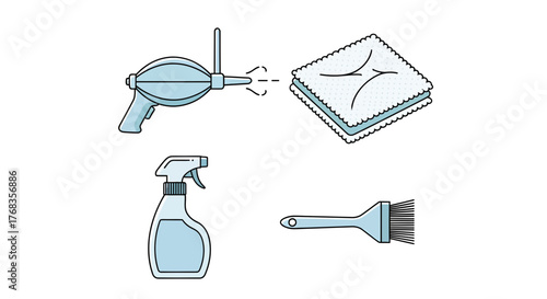 A comprehensive set of minimal vector icons illustrating essential cleaning and maintenance tools for optical lenses, camera equipment, and sensitive electronics
