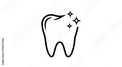 Black line drawing of a sparkling dental hygiene tooth flat illustration