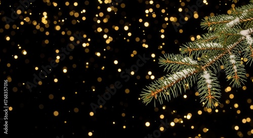 A snow-covered fir branch on a festive background. Winter holiday scene with golden bokeh lights. Christmas concept with copy space