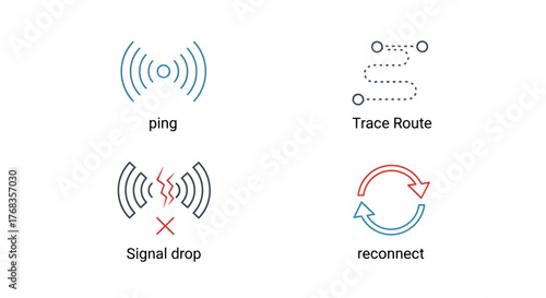 Minimal vector line icons for internet network connectivity, data transmission, signal strength, and connection diagnostics and recovery
