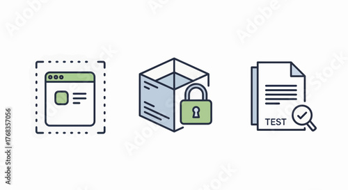 Modern vector line icons for digital security, web interface management, and verified document processing in technology and business applications