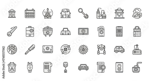 A diverse collection of minimal outline vector icons for business, finance, and technology applications, ideal for modern user interfaces and web design projects