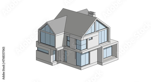Modern 3D axonometric architectural house model on white background, showcasing contemporary residential design with large windows and a pitched roof