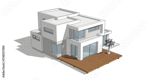 Contemporary minimalist two-story residential house exterior design with large windows, flat roof, and a wooden patio deck, rendered in a clean 3D architectural style