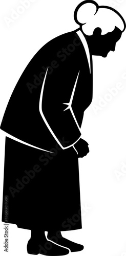 Old woman silhouette. An elderly figure standing with a hunched posture, symbolizing wisdom and dignity. Vector clipart black illustration design.