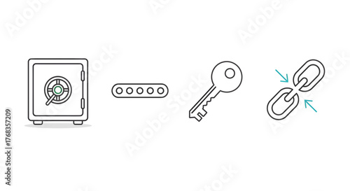 Vector line icons for comprehensive digital security and password management, illustrating a secure vault, hidden password input, an access key, and a recovery link