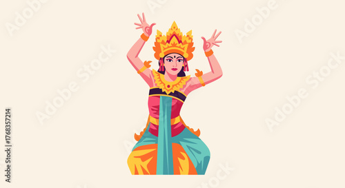 Vibrant Balinese Traditional Dancer Illustration Elegant Female Performer in Ornate Costume Showcasing Southeast Asian Cultural Heritage with Graceful Movement