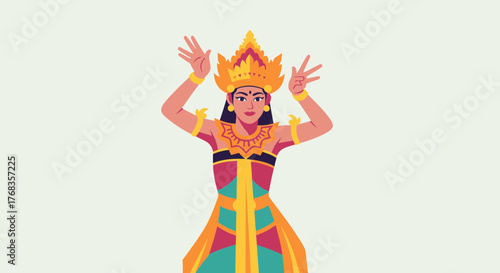 Stylized Vector Illustration of a Traditional Southeast Asian Dancer, Portraying Graceful Cultural Performance in Elaborate Attire