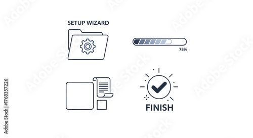 Minimal vector line icons for software setup wizard, progress bar, file operations, and successful completion, ideal for modern UI/UX design and application development