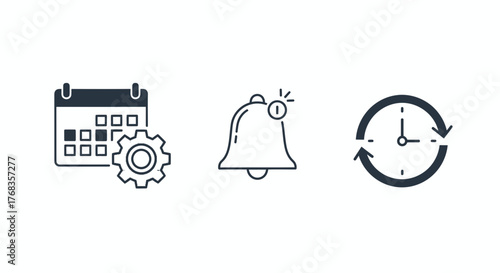 Minimalist vector line art icons for calendar scheduling, setting management, notification alerts, and effective time cycle synchronization