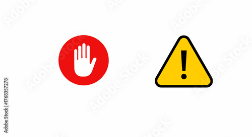 A collection of essential vector graphic icons representing critical alerts and urgent notices, featuring a universal stop hand symbol and a prominent caution exclamation mark for digital interfaces