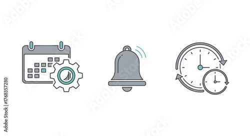 Modern vector line icons representing digital organization tools calendar settings, timely notifications, and efficient time management. Essential UI elements for scheduling and alerts