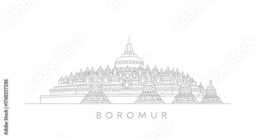 Clean line art vector icon depicting a magnificent ancient temple, featuring symmetrical tiered structures and traditional sacred architecture, ideal for travel guides and cultural emblems