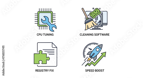Minimalist vector icons for computer optimization and maintenance, showing tools for CPU tuning, software cleaning, registry repair, and system speed boost