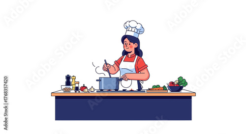 A cheerful female chef diligently prepares a homemade meal, stirring a pot on a clean kitchen counter, embodying the art and joy of culinary creation and wholesome cooking with fresh ingredients