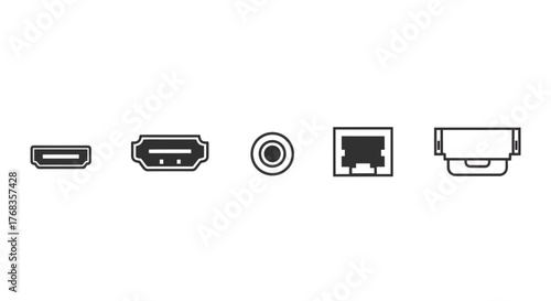 A comprehensive collection of minimal vector line icons representing various electronic ports and connectors for digital devices, perfect for modern interface design and technology illustrations