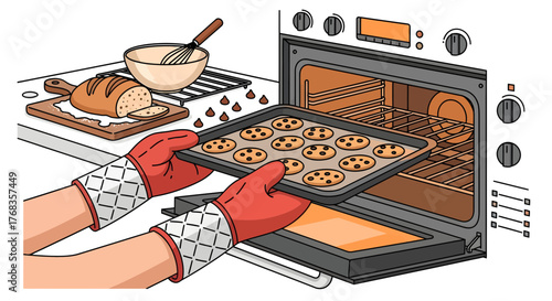 Hands in oven mitts placing a fresh tray of chocolate chip cookies into a hot oven, capturing the joyful essence of home baking and culinary creation