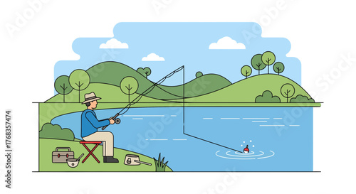 Peaceful outdoor scene illustrated with a person fishing by a tranquil lake, surrounded by picturesque green hills and trees, embodying a relaxing leisure activity in nature