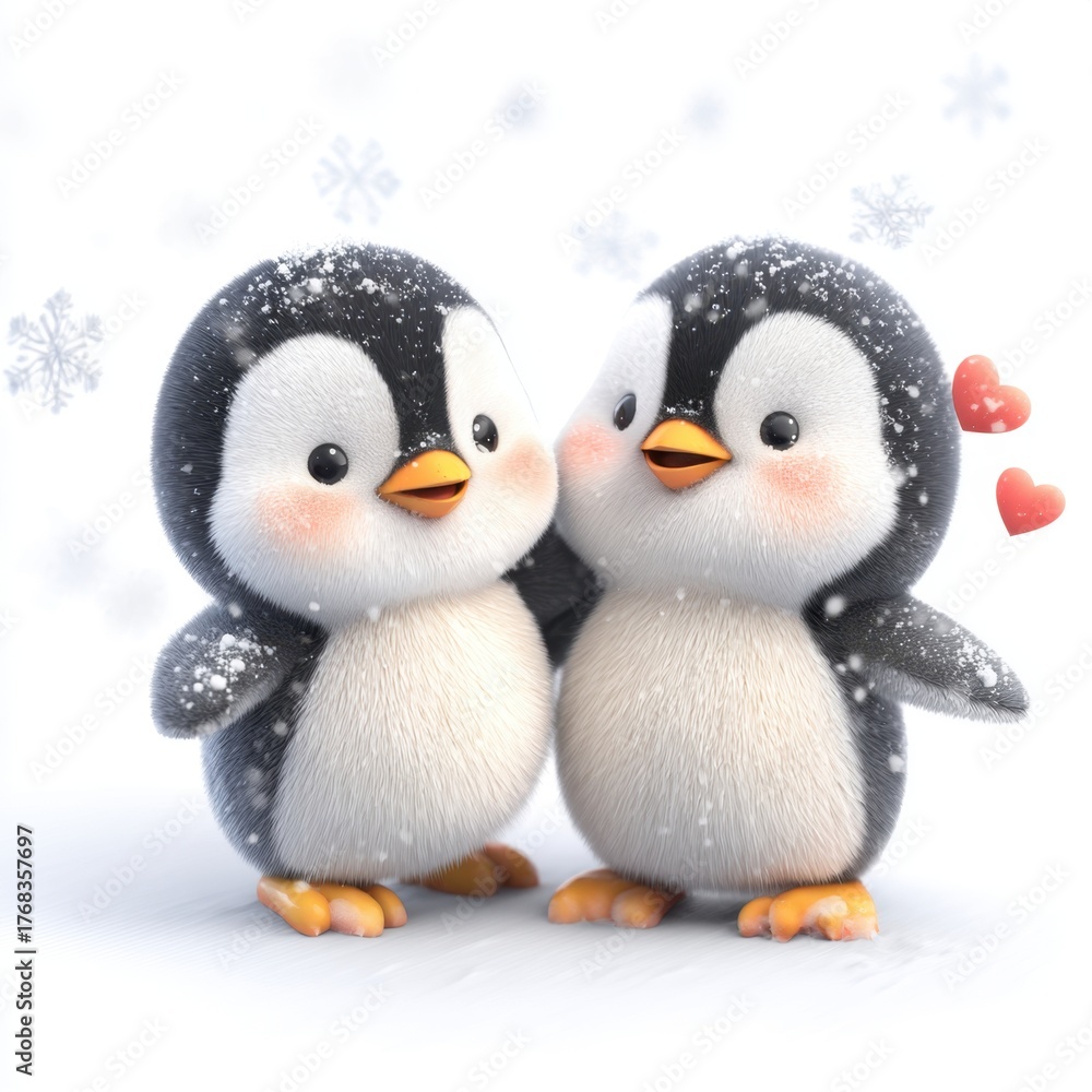 Fototapeta premium Adorable fluffy cartoon penguin couple embracing each other surrounded by falling snowflakes and floating red hearts