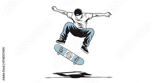 Dynamic graphic illustration capturing a skateboarder performing an agile mid-air stunt, embodying the thrilling freedom, skill, and swift motion of extreme urban sports culture