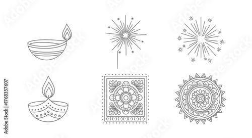 Vector outline icons for Diwali, the Indian festival of lights, featuring traditional diya lamps, festive fireworks, and decorative rangoli patterns