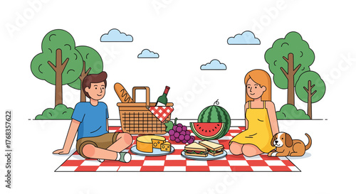 A charming illustration of a happy couple enjoying a delightful summer picnic outdoors, surrounded by lush nature and delicious food, with their cute dog accompanying them on a checkered blanket