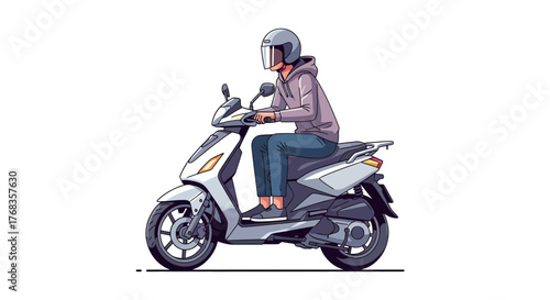 Vibrant vector illustration showcasing a person wearing a helmet, confidently riding a sleek scooter, ideal for depicting urban commuting, modern personal mobility, and efficient daily transport