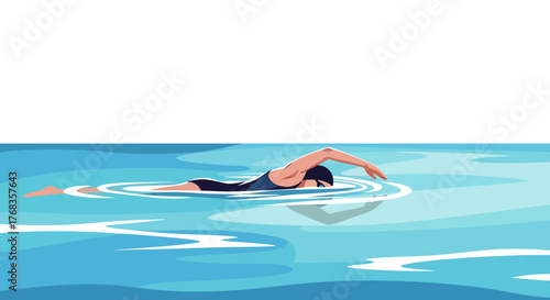 Vibrant flat illustration of a person swimming the crawl stroke in clear blue water, depicting an active lifestyle, healthy recreation, and athletic training with dynamic motion