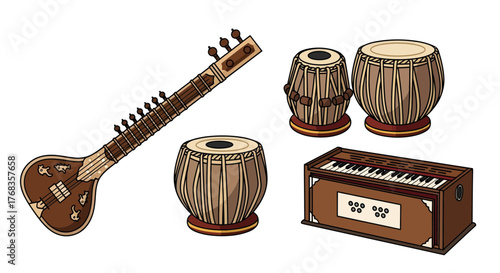 A colorful vector illustration of traditional Indian musical instruments sitar, tabla, and harmonium. An authentic cultural set isolated on a white background