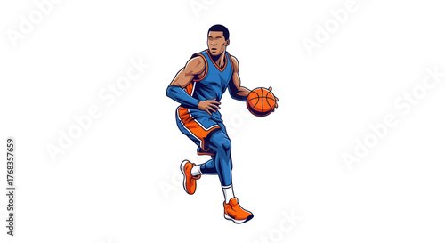 Dynamic basketball player showcasing skillful dribbling action on the court, ready to make a powerful play with the ball in an energetic sport moment