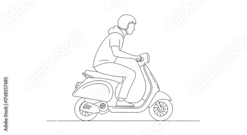 Minimalist vector line art illustration of a person riding a retro-style scooter, symbolizing urban mobility, quick transport, and modern lifestyle