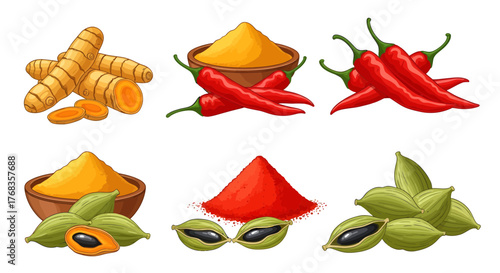 Vector illustrations of popular culinary spices vibrant turmeric roots, fiery red chili peppers, and aromatic green cardamom pods, isolated for diverse food and recipe graphics