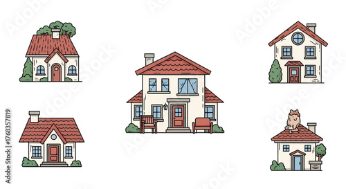Charming collection of five hand-drawn cartoon houses with red roofs, perfect for whimsical neighborhood designs, real estate concepts, or graphic assets