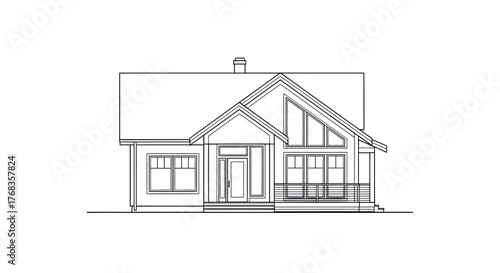 Architectural line drawing of a modern residential house. Front elevation blueprint of a contemporary home with clean lines and minimalist Scandinavian design